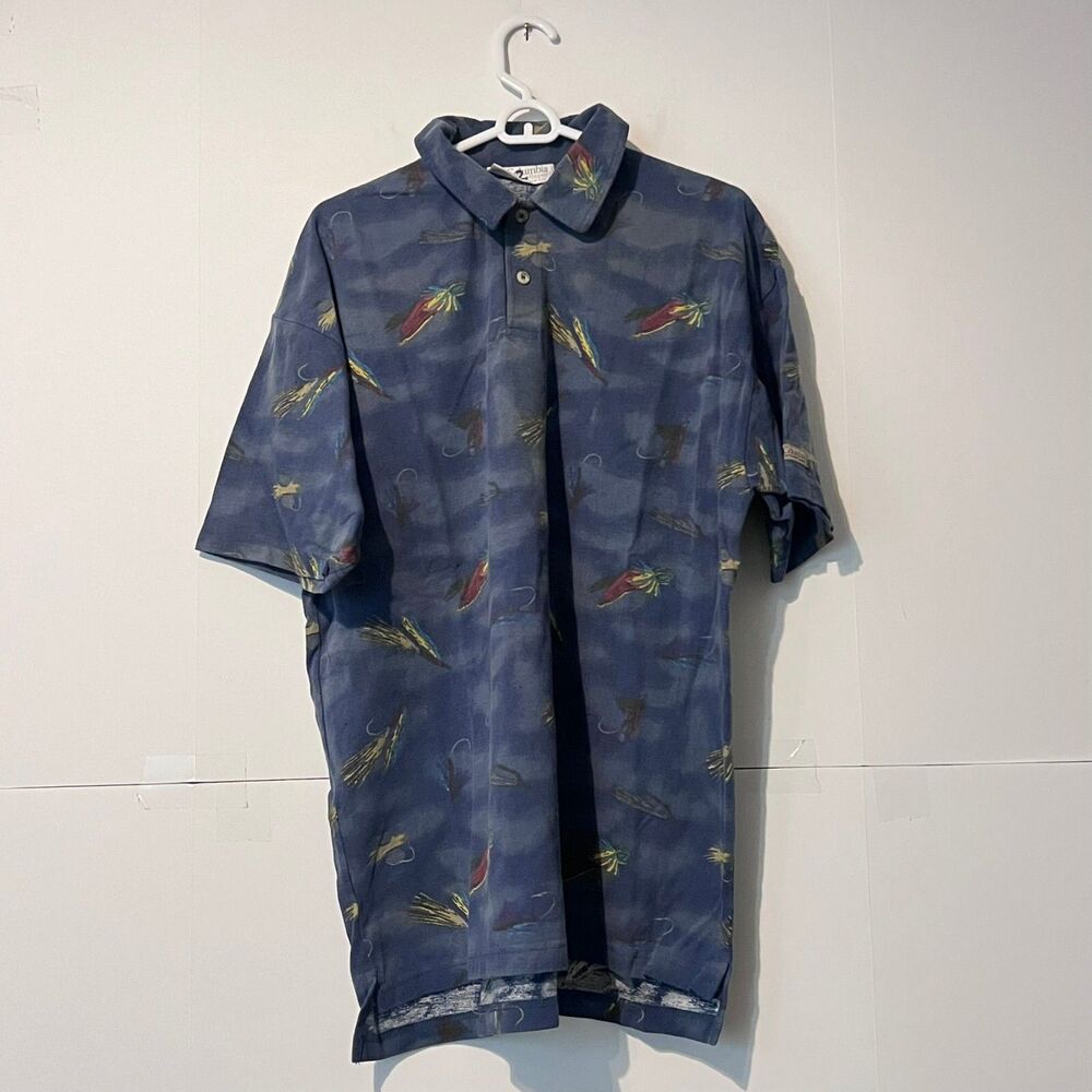 Vintage 90s Columbia Mens Polo Shirt Size XL Blue Fish Hook Hawaiian Vacation